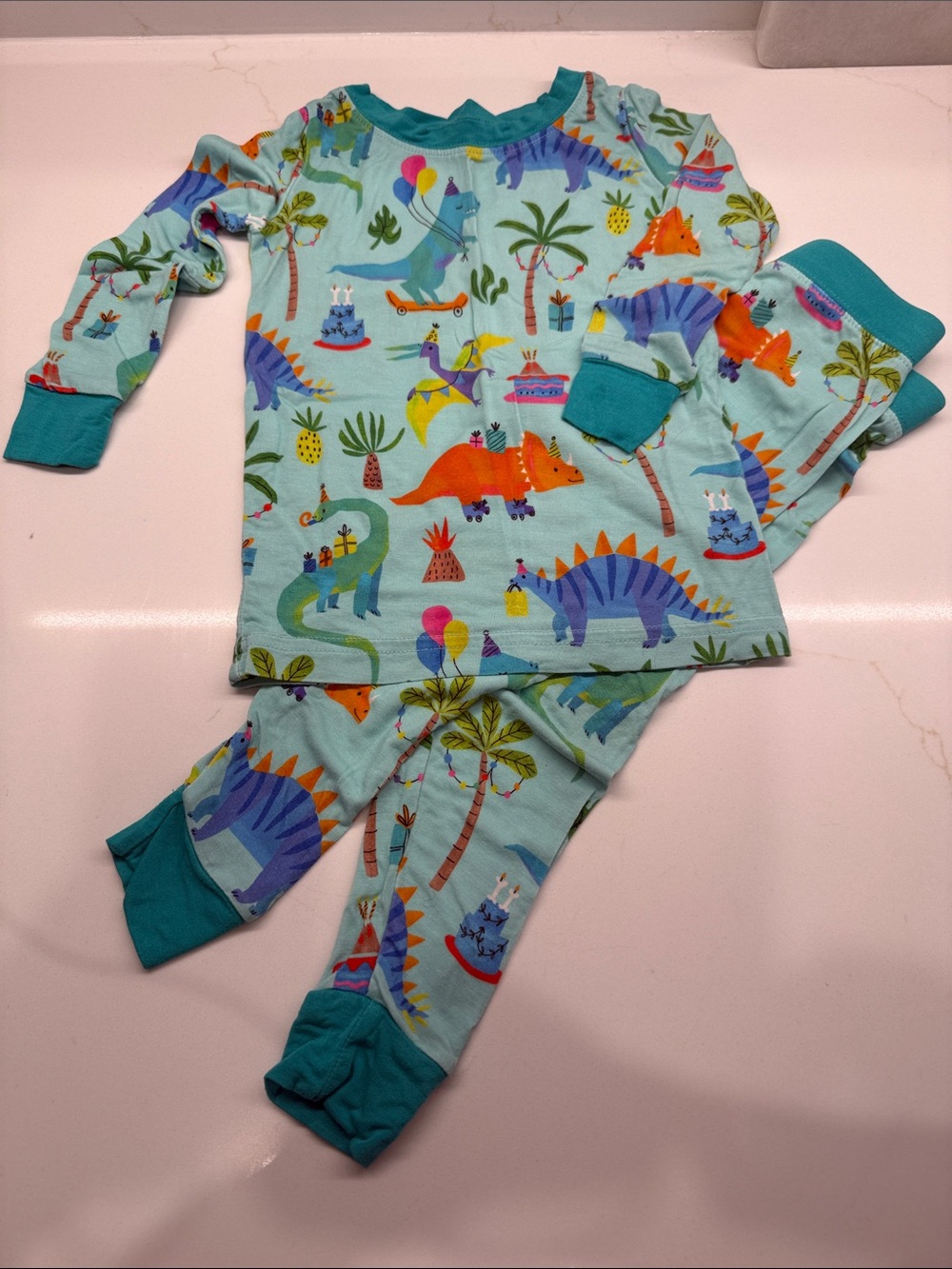 Little Sleepies Birthday Dino Print Pajama Set with Teal Cuffs